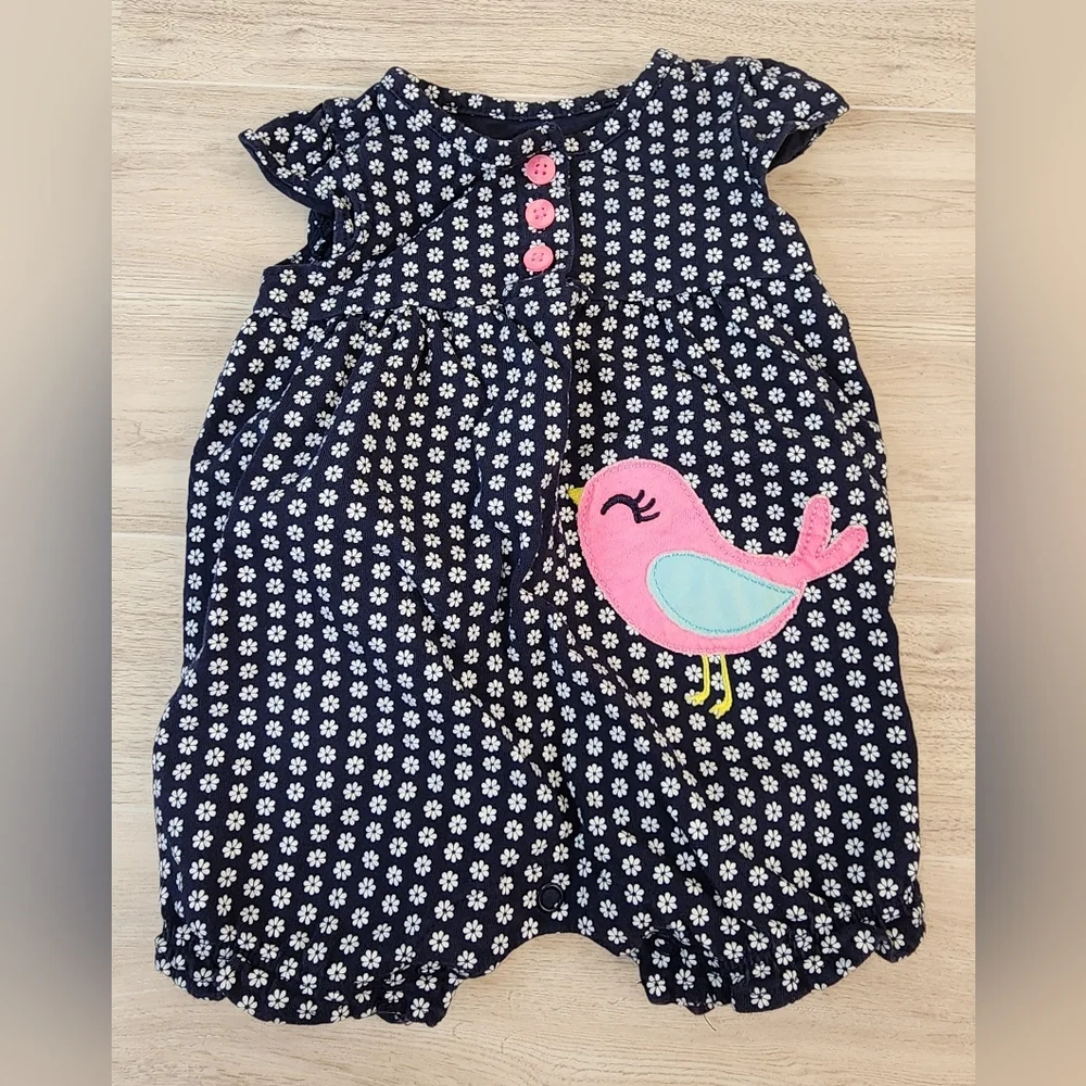 Carter's Navy Romper with White Flowers and Pink Buttons